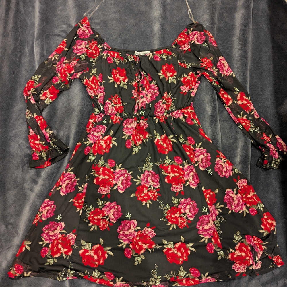 Floral Off-Shoulder Kids Dress - Black with Red and Pink Flowers